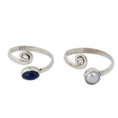 Alternate image for Pearl and Lapis Lazuli Sterling Silver Toe Rings Pair Pretty Perfection