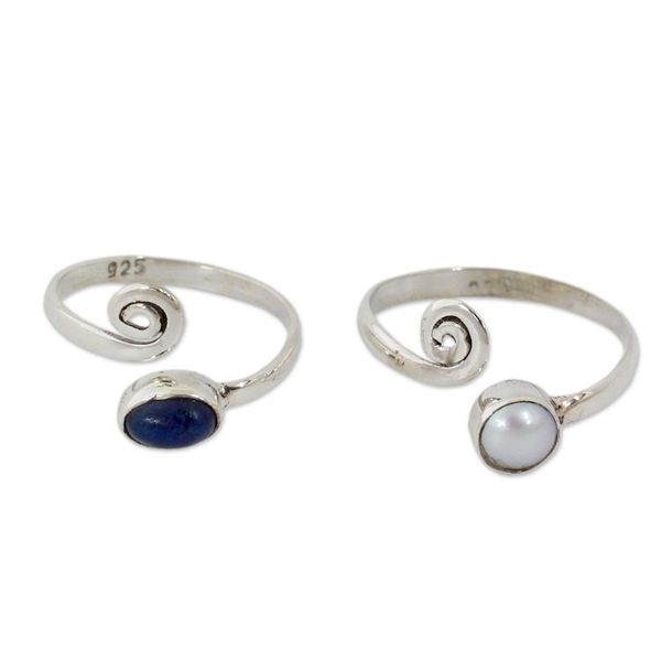 Alternate image for Pearl and Lapis Lazuli Sterling Silver Toe Rings Pair Pretty Perfection
