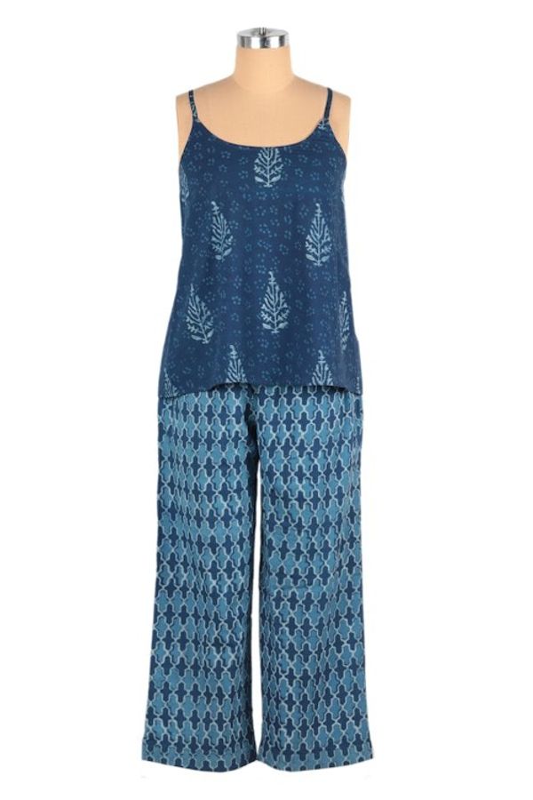 Alternate image for Cotton Pajama Set with Leafy and Moroccan Inspired Pattern Blue Fall