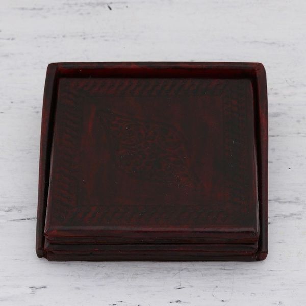 Alternate image for Embossed Leather Coasters from India Set of 4 Leafy Intrigue