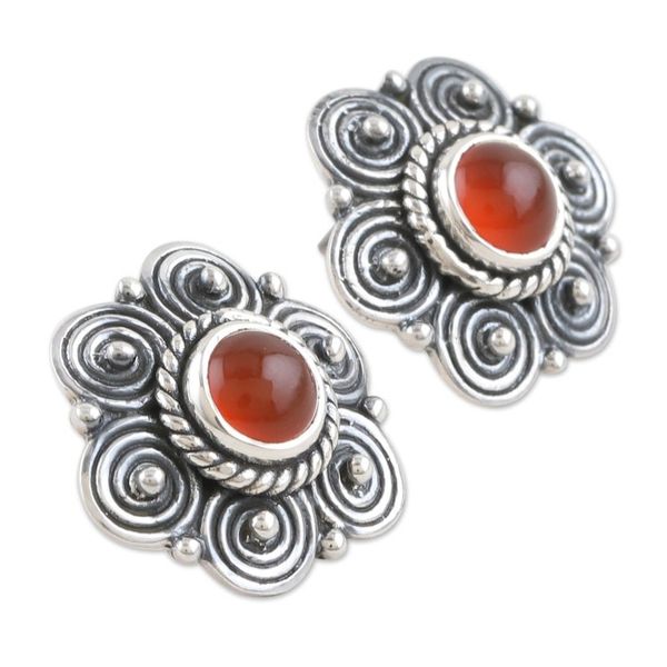 Alternate image for Sterling Silver Floral Drop Earrings with Carnelian Stone Smell The Flowers