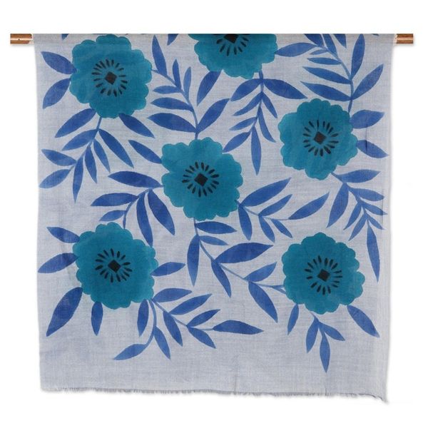 Alternate image for Artisan Made Blue Wool Shawl from India Twilight Blossom