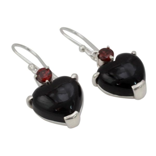 Alternate image for Onyx Heart Earrings with Garnet and Sterling Silver  Goth Love