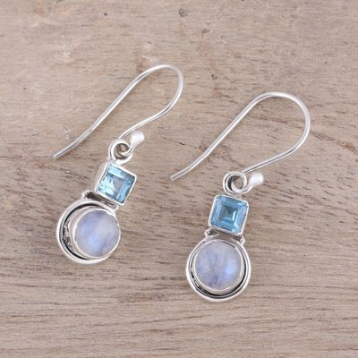 Alternate image for Blue Topaz and Rainbow Moonstone Dangle Earrings from India Sky Glimmer
