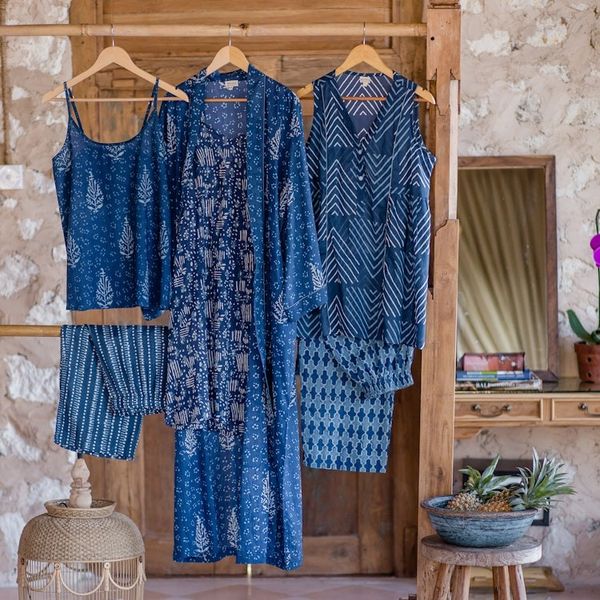 Alternate image for Cotton Pajama Set with Leafy and Moroccan Inspired Pattern Blue Fall