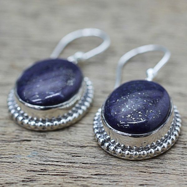 Alternate image for Lapis Lazuli Dangle Earrings with Gold Colored Flecks Blue Royalty