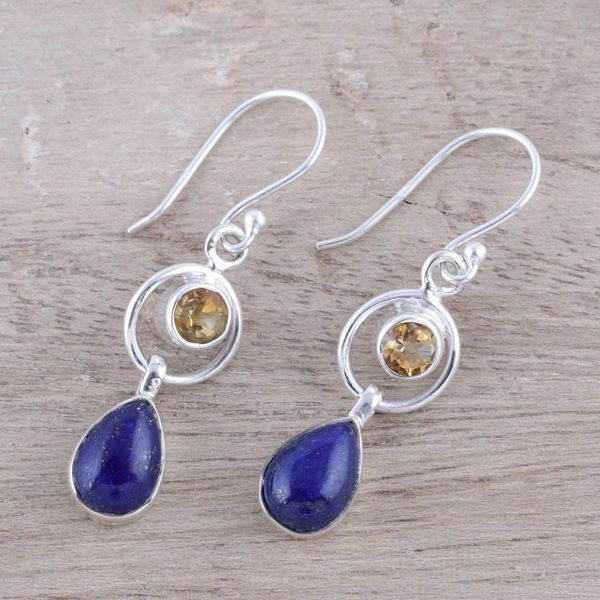 Alternate image for Lapis Lazuli and Citrine Dangle Earrings from India Gleaming Midnight