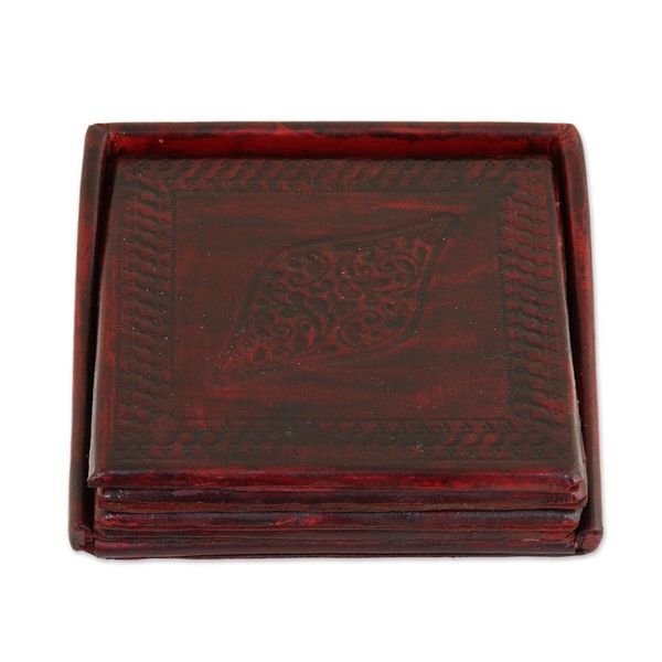 Alternate image for Embossed Leather Coasters from India Set of 4 Leafy Intrigue