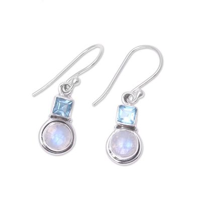 Alternate image for Blue Topaz and Rainbow Moonstone Dangle Earrings from India Sky Glimmer