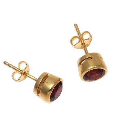Alternate image for Handcrafted 22k Gold Plated Faceted Garnet Stud Earrings Sparkling World