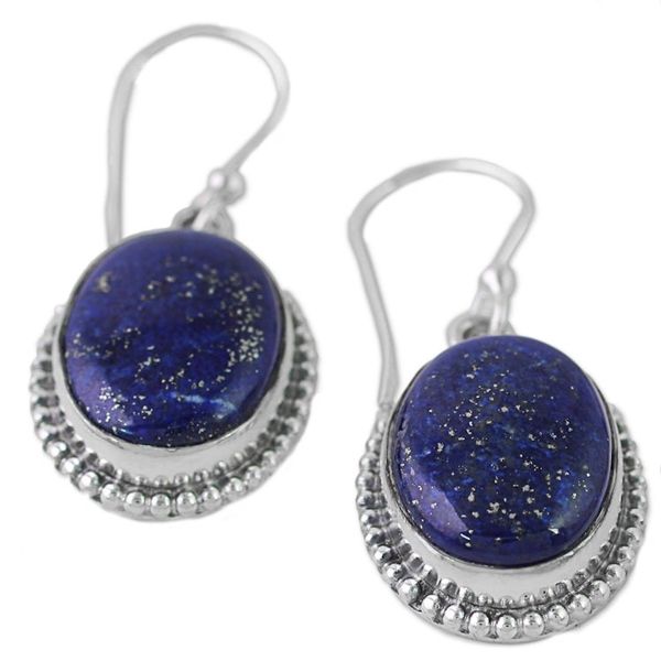Alternate image for Lapis Lazuli Dangle Earrings with Gold Colored Flecks Blue Royalty