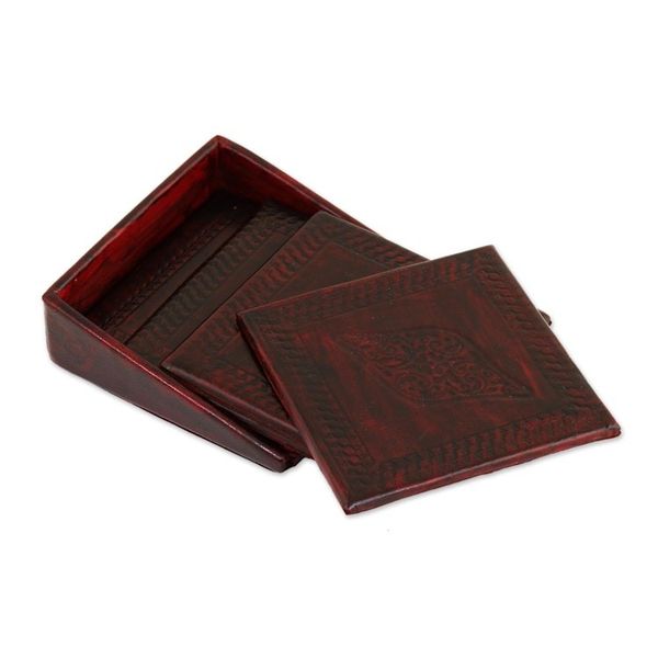 Alternate image for Embossed Leather Coasters from India Set of 4 Leafy Intrigue