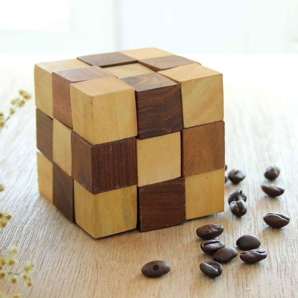 Handcrafted Cube-Shaped Wood Puzzle from India 'Test Your Mind'