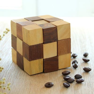 Alternate image for Handcrafted Cube-Shaped Wood Puzzle from India Test Your Mind