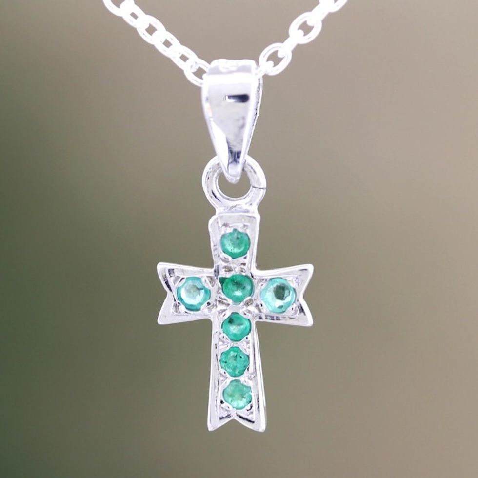 Rhodium-Plated Emerald Pendant Necklace 'Keep Faith in Green'