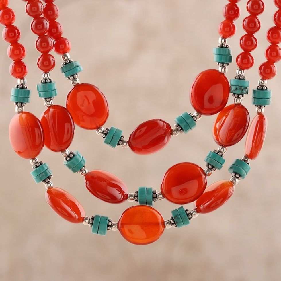 Carnelian and Calcite Beaded Strand Necklace from India 'Cascading Sunset'