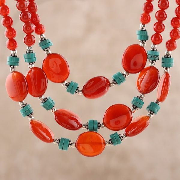 Alternate image for Carnelian and Calcite Beaded Strand Necklace from India Cascading Sunset