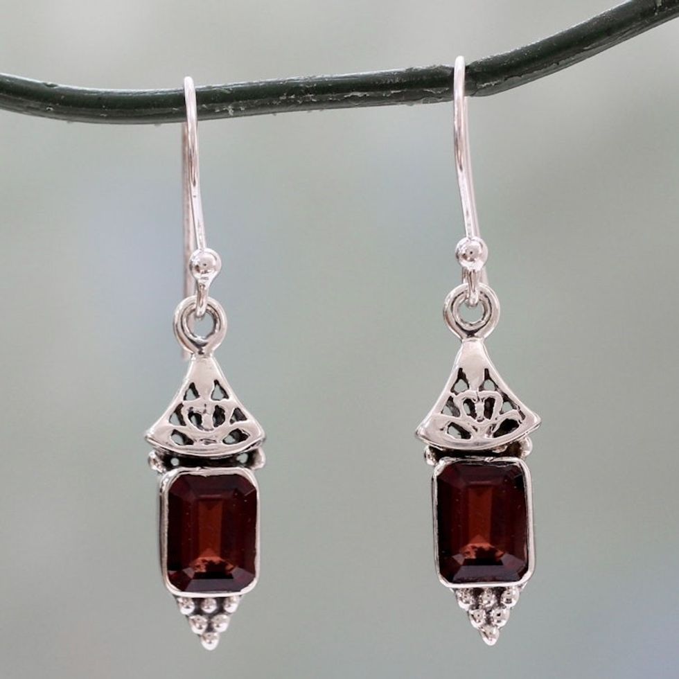 Handcrafted Indian Sterling Silver and Garnet Earrings 'Red Lantern'