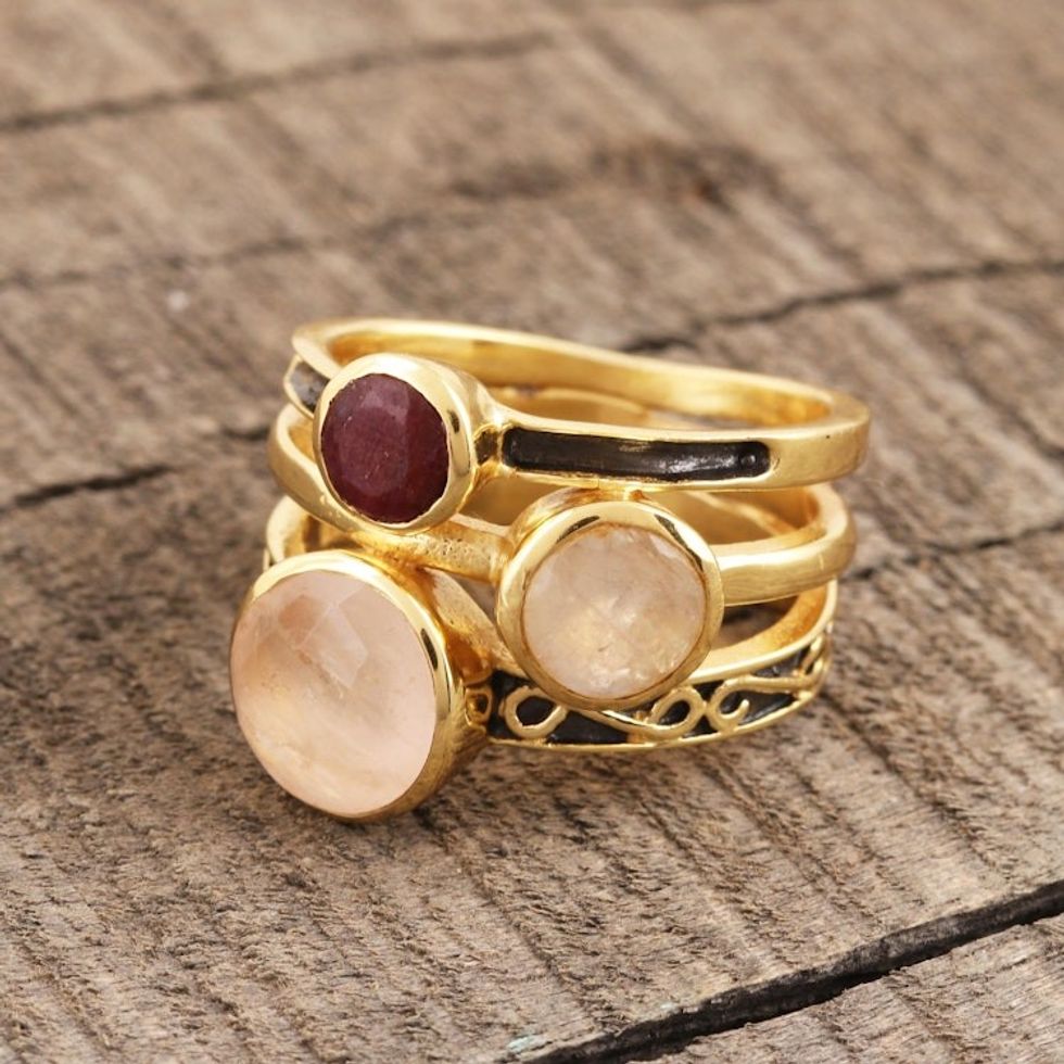 Gold-Plated Multi-Gemstone Cocktail Ring from India 'Color Harmony'