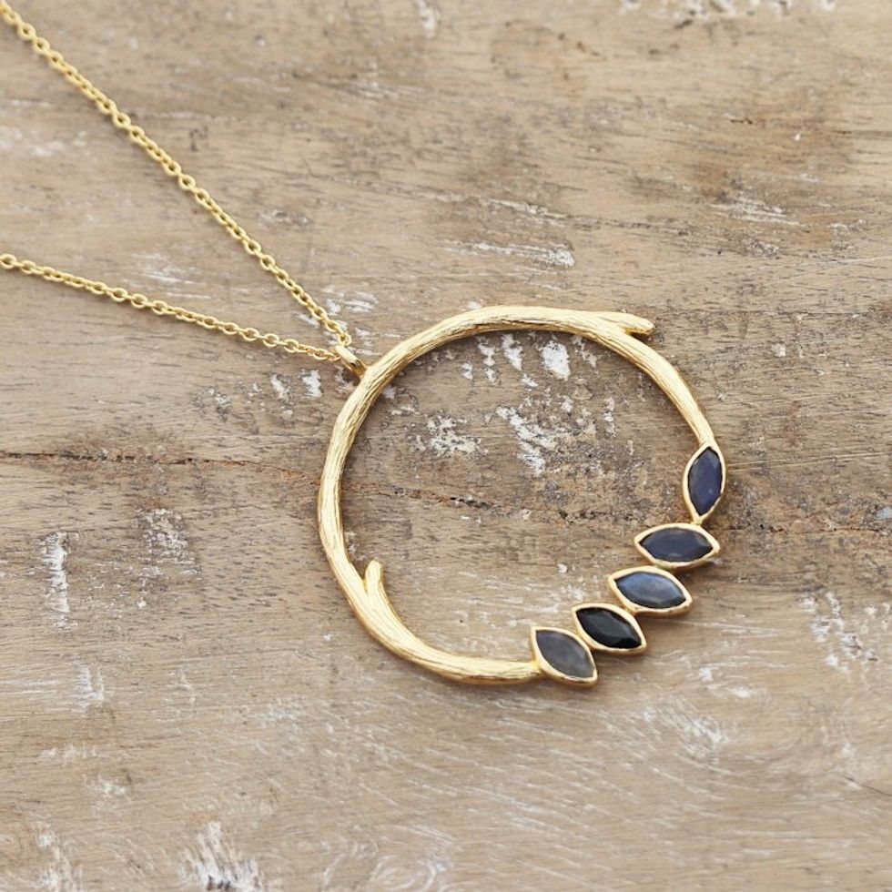 Gold-Plated Labradorite and Onyx Wreath Pendant Necklace 'Golden Wreath'