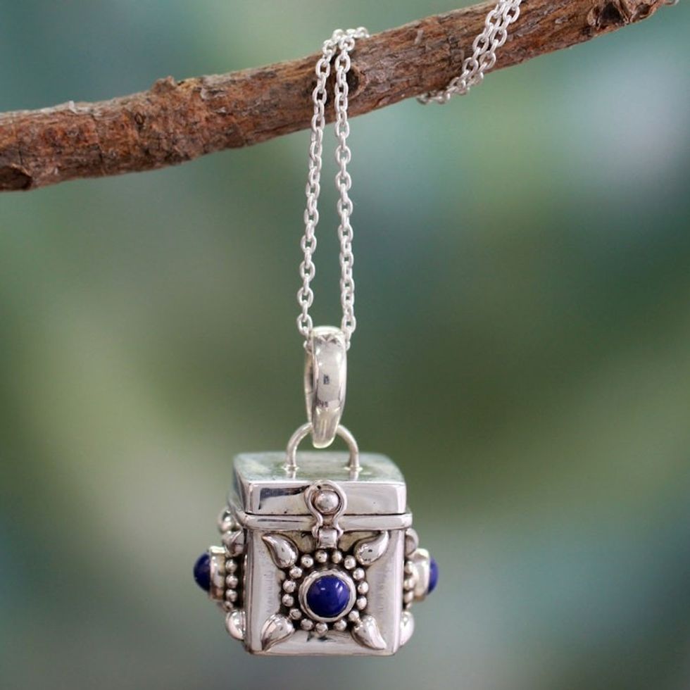 Fair Trade Sterling Silver and Lapis Lazuli Locket Necklace 'Royal Prayer'