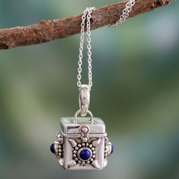 Alternate image for Fair Trade Sterling Silver and Lapis Lazuli Locket Necklace Royal Prayer