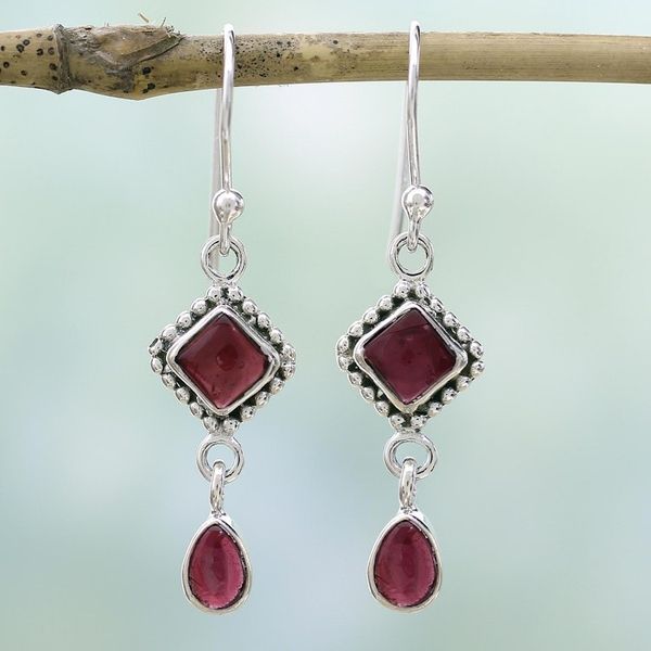 Alternate image for Natural Garnet and Sterling Silver Earrings Indian Jewelry Fire of Love
