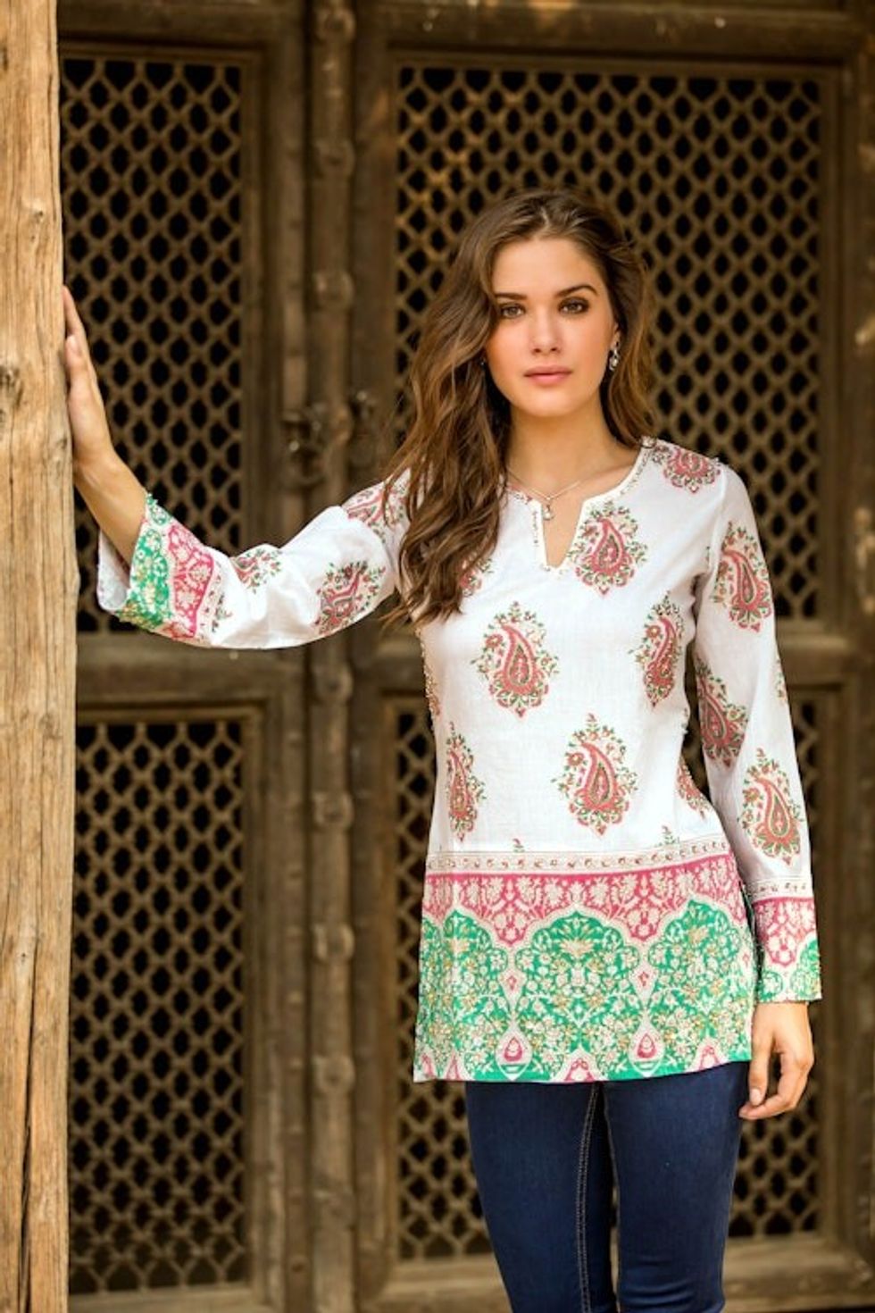 Cotton Block Print Tunic with Beadwork and Sequins 'Beautiful Jaipur'