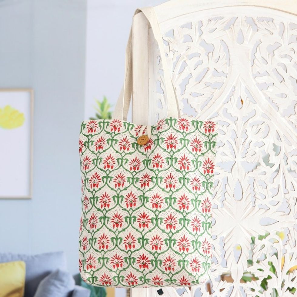Handcrafted Cotton Tote Bag with Floral Pattern in Red 'Strawberry Orchard'