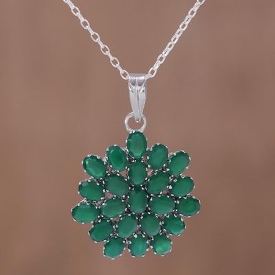 Alternate image for Rhodium Plated Green Onyx Floral Pendant Necklace from India Verdant Brilliance