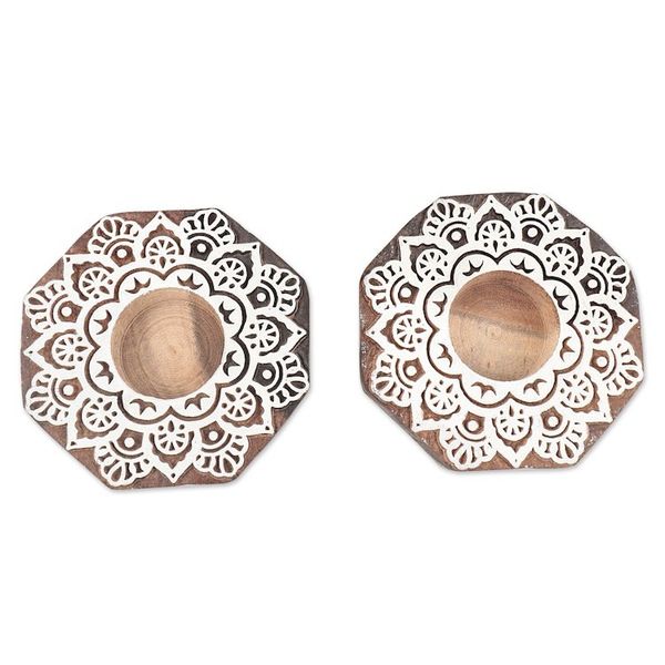 Alternate image for Hand Crafted Wood Tealight Candle Holders Pair Magic Belief