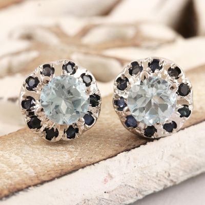 Alternate image for Rhodium-Plated Blue Topaz and Sapphire Stud Earrings Blue Fire