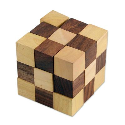 Alternate image for Handcrafted Cube-Shaped Wood Puzzle from India Test Your Mind