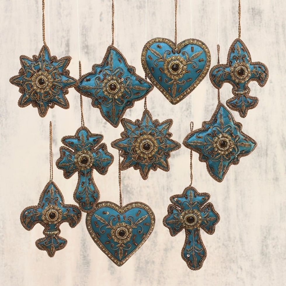 Teal Hand Crafted Beaded Ornaments from India Set of 10 'Teal Joy'