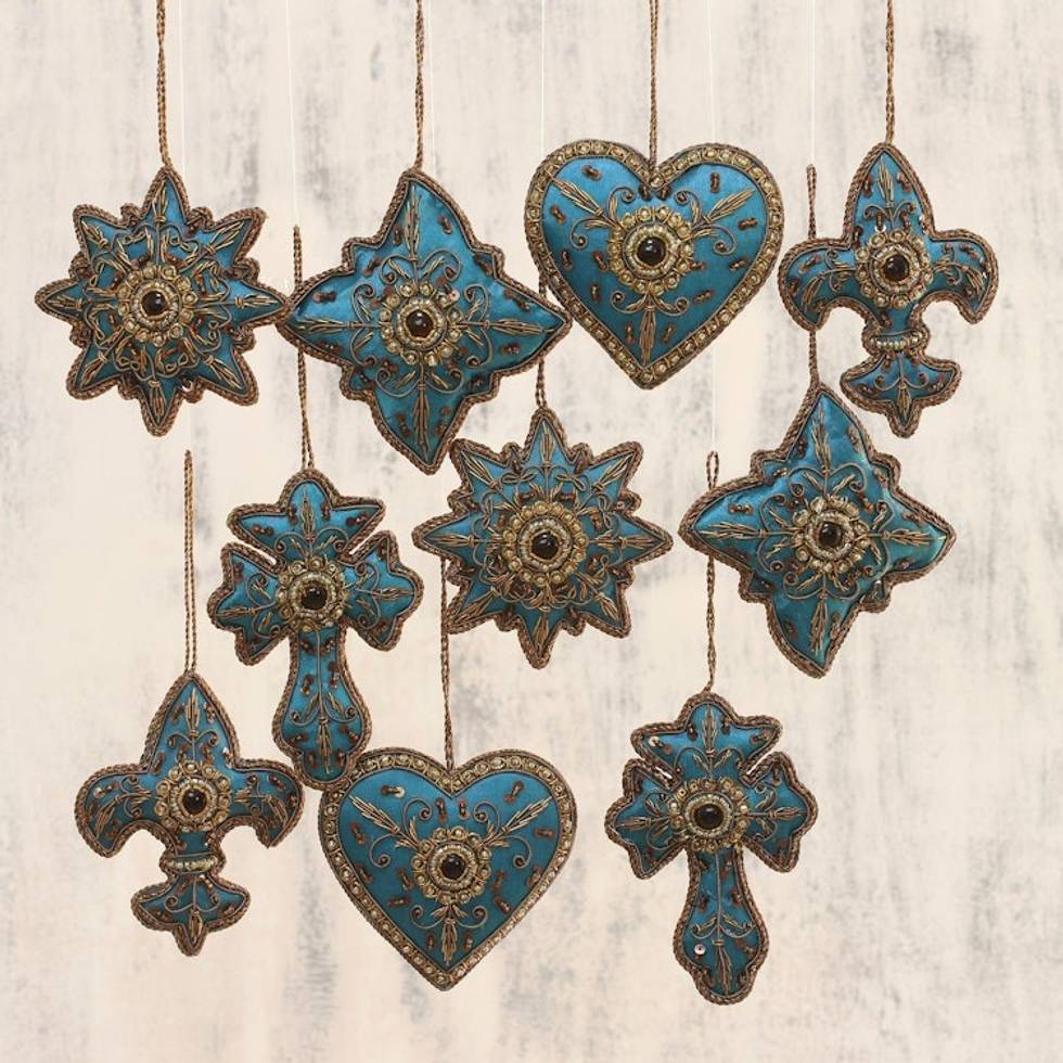 Teal Hand Crafted Beaded Ornaments from India Set of 10 'Teal Joy'