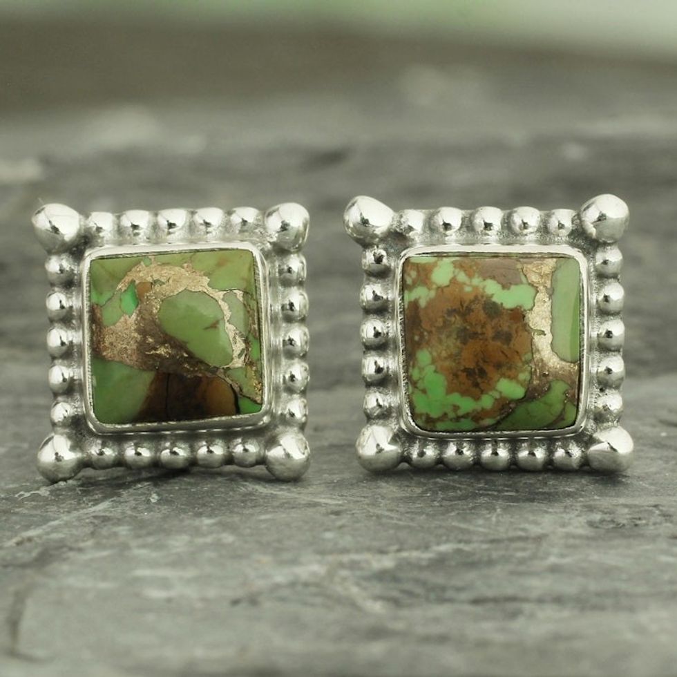 Composite Green Turquoise Stud Earrings Handmade in India 'Magical Green'