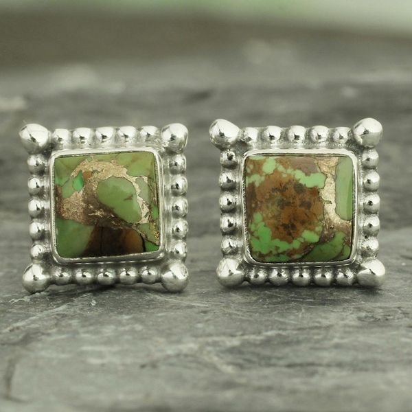 Alternate image for Composite Green Turquoise Stud Earrings Handmade in India Magical Green