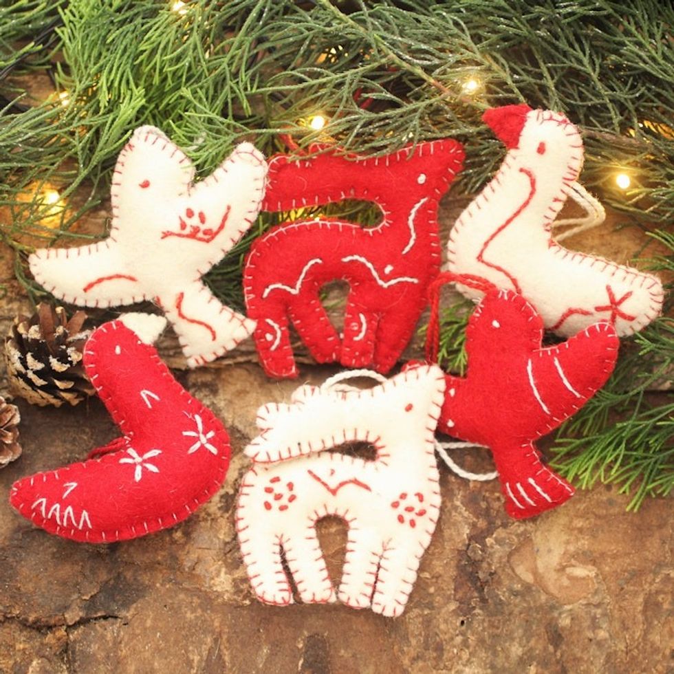 White and Red Animal Themed Felt Ornaments Set of 6 'Christmas Wishes'