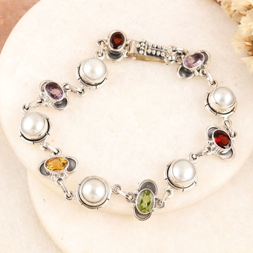 Link Bracelet with Faceted Gemstones and Cultured Pearls 'Earth Wonders'