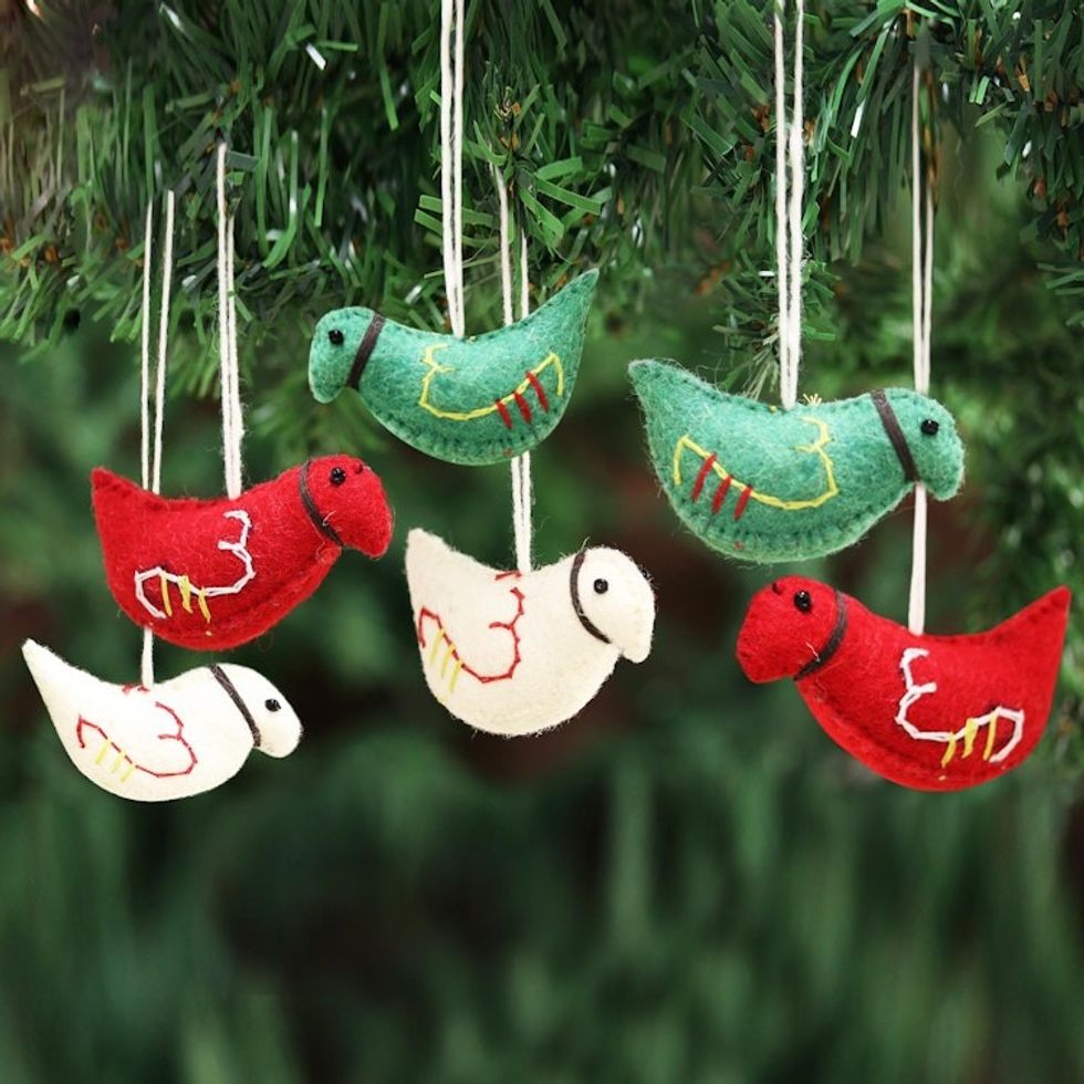 Assorted Color Wool Felt Pigeon Ornaments Set of 6 'Christmas Pigeons'