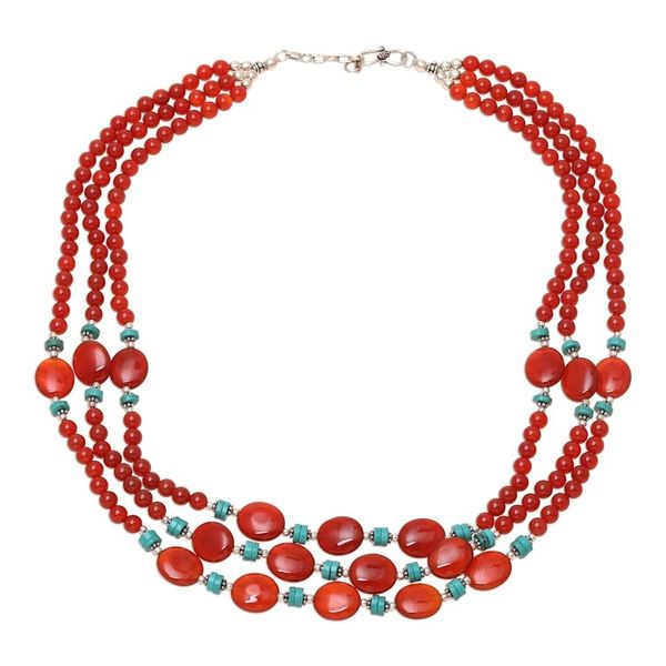 Alternate image for Carnelian and Calcite Beaded Strand Necklace from India Cascading Sunset
