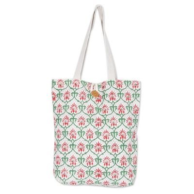 Alternate image for Handcrafted Cotton Tote Bag with Floral Pattern in Red Strawberry Orchard