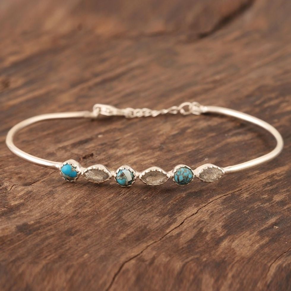 Indian Labradorite and Sterling Silver Bangle Bracelet 'Star Map'