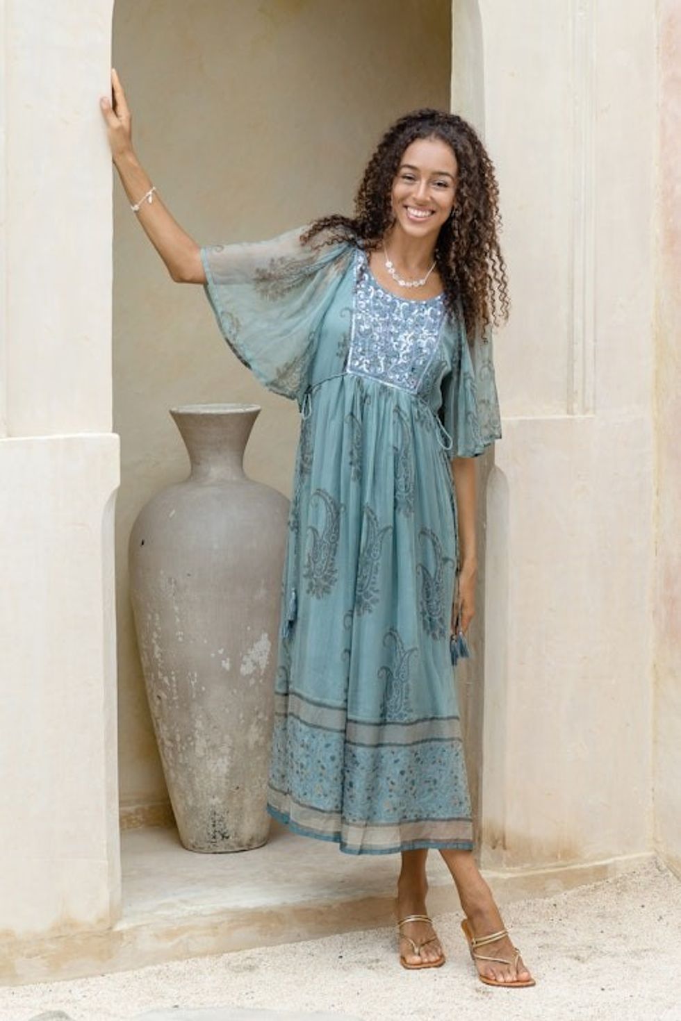Embellished Block-Printed Mint Viscose Chiffon Dress 'Elegant Entrance'