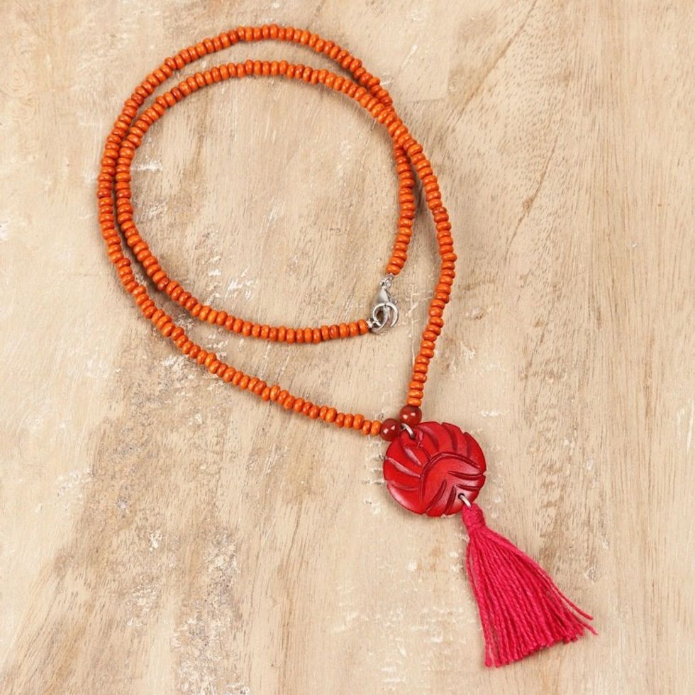 Wood Beaded Medallion Necklace in Red from India 'Glorious Medallion'