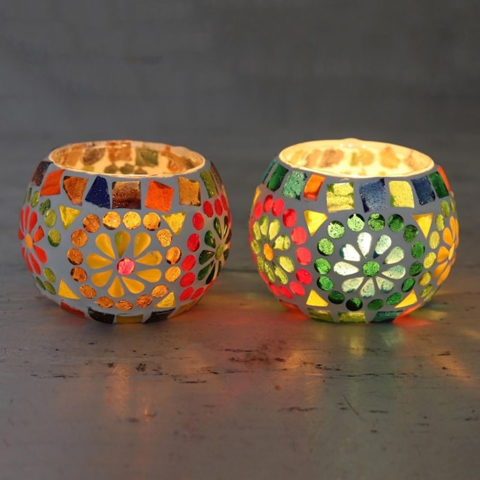 Cheerful Multicolored Glass Mosaic Tealight Holders Pair 'Rainbow Cheer'