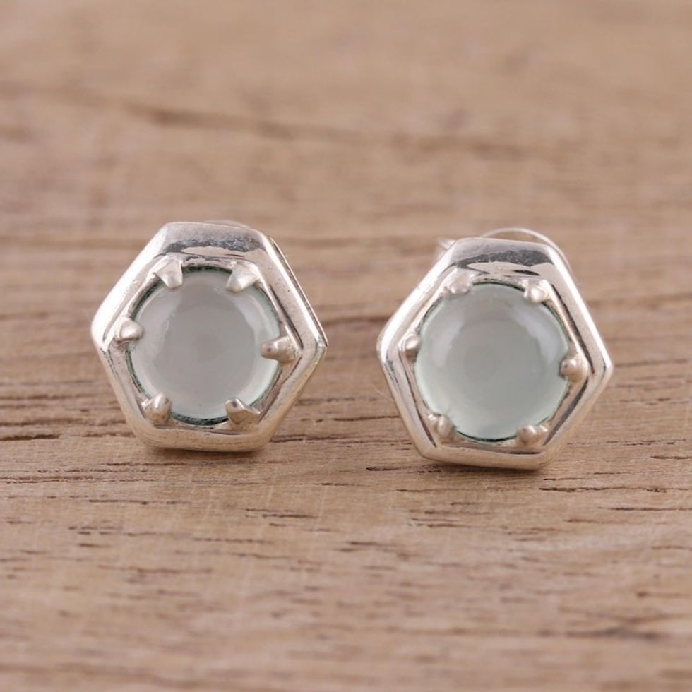 925 Sterling Silver Aqua Chalcedony Hexagon Stud Earrings 'Aqua Grace'