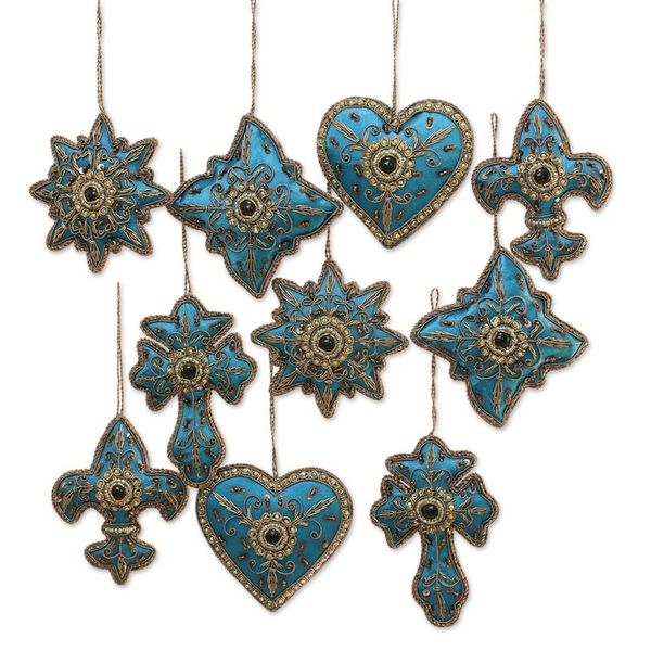 Alternate image for Teal Hand Crafted Beaded Ornaments from India Set of 10 Teal Joy