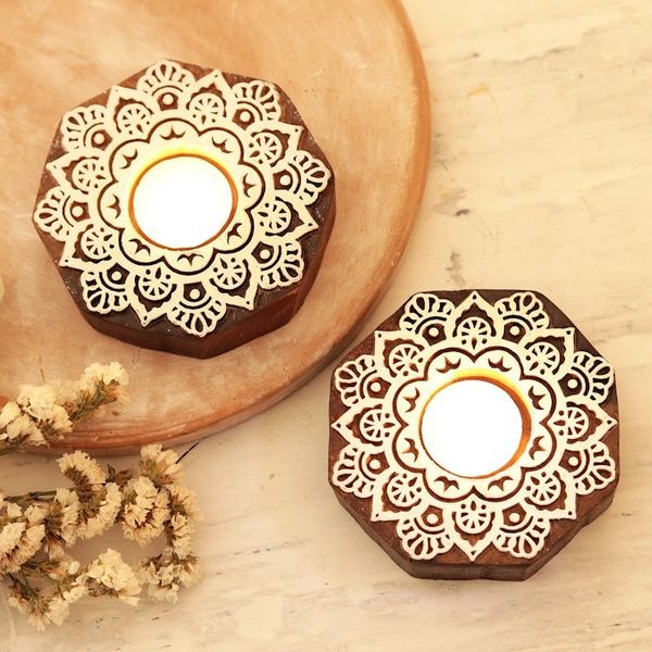 Alternate image for Hand Crafted Wood Tealight Candle Holders Pair Magic Belief