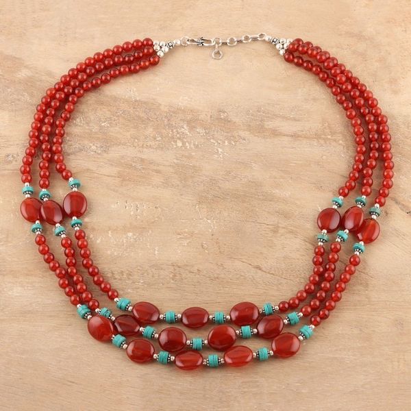 Alternate image for Carnelian and Calcite Beaded Strand Necklace from India Cascading Sunset